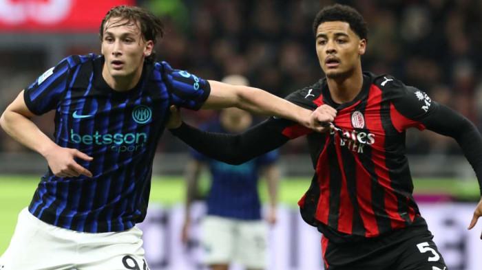 LINI DEPAN MANDUL - Penyerang Inter Milan, Pio Esposito mendapat penjagaan ketat dari bek AC Milan, Koni De Winter, pada pertandingan Derby della Madonnina, pekan 28 Liga Italia Serie A, di Stadion San Siro, Senin (9/3/2026). Lini depan Nerazzurri mandul dalam dua laga terakhir termasuk saat kekalahan melawan Rossoneri.