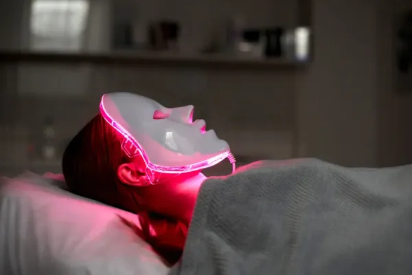 A woman wearing a red light therapy mask.