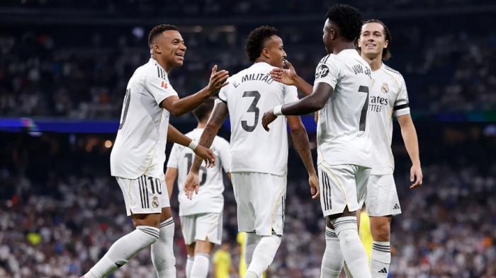 MERAYAKAN GOL - Pemain Real Madrid merayakan gol saat melawan Villareal dalam laga Liga Spanyol pekan kedelapan, Minggu (5/10/2025). Dua gol Vinicius Junior dan satu gol Kylian Mbappe memastikan Los Blancos meraih kemenangan 3-1.