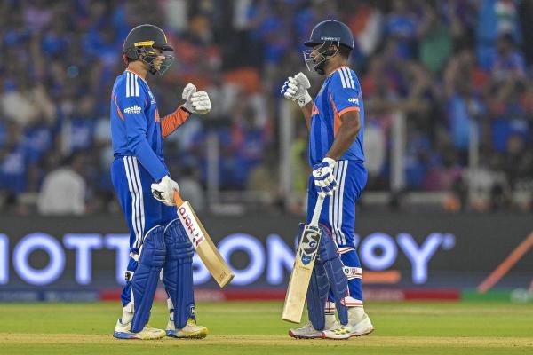 Finding form: Abhishek Sharma (L) and Sanju Samson delivered a blazing 98-run opening stand for India in the final against New Zealand.