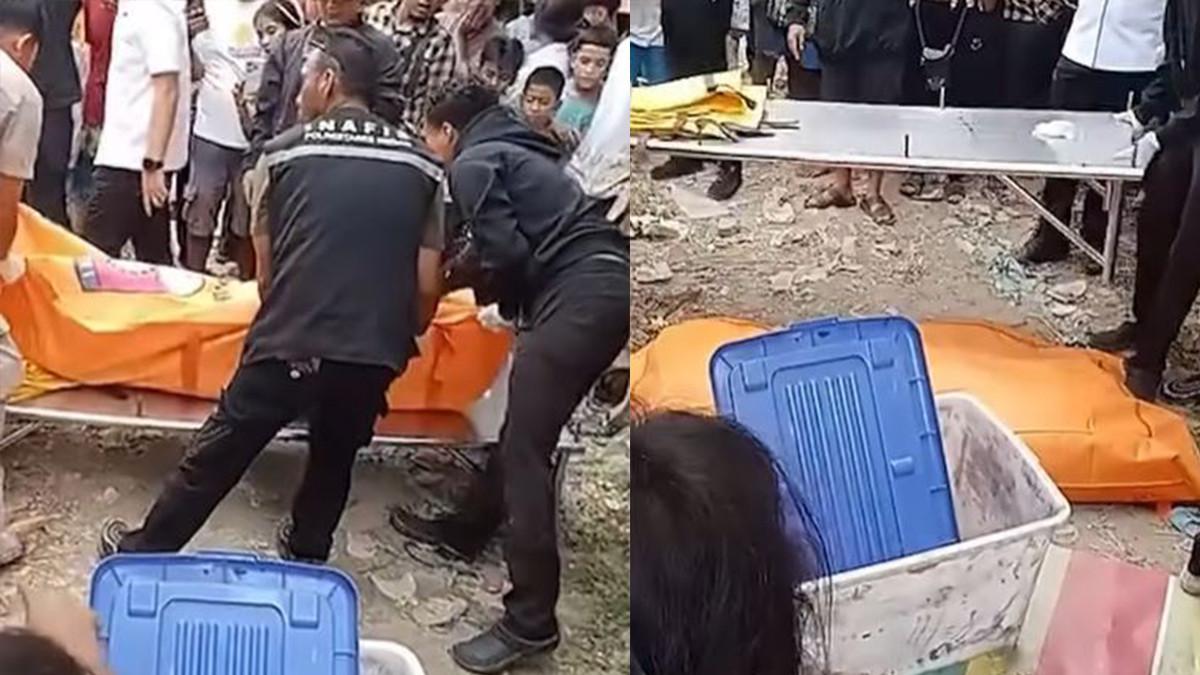 PENEMUAN MAYAT MEDAN - Warga berkerumun di lokasi penemuan mayat perempuan di dalam boks kontainer di Medan.