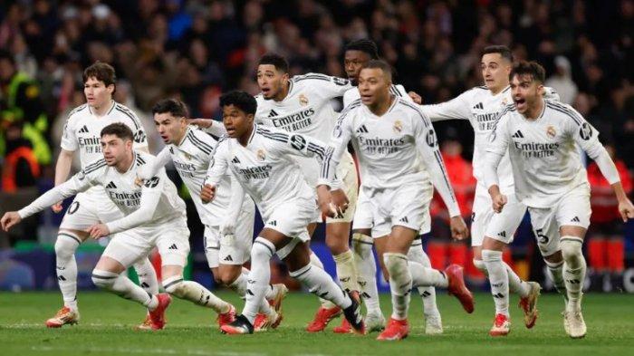 SELEBRASI - Selebrasi para pemain Real Madrid setelah menyingkirkan Atletico Madrid di babak 16 besar Liga Champions di Civitas Metropolitano, Kamis (13/3/2025) dini hari WIB. Real Madrid berhasil menang melalui drama adu penalti 4-2. (Arsip Laman Resmi Liga Champions, 13 Maret 2025)