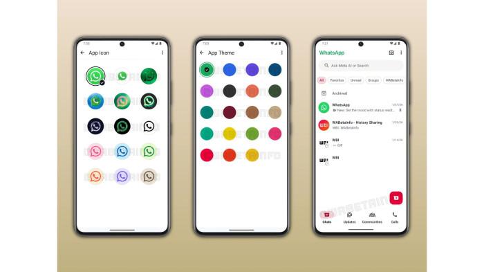 WHATSAPP PLUS - Ilustrasi bocoran fitur kustomisasi tampilan pada paket langganan WhatsApp Plus. Pengguna disebut bisa mengganti ikon aplikasi serta memilih tema warna antarmuka. (WABetaInfo)