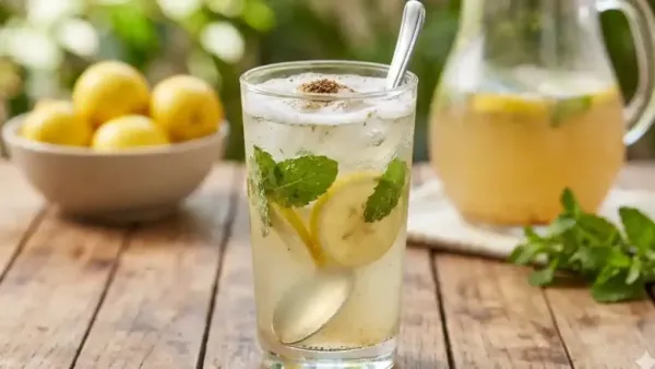 ​A refreshing glass of Nimbu Shikanji (Indian lemonade) filled with ice cubes, mint leaves, and lemon slices.