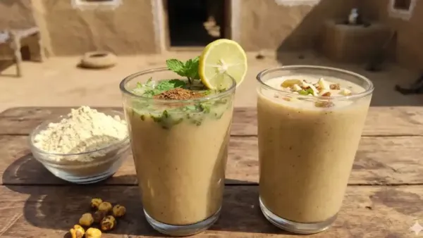 Two tall glasses of savory Sattu Sharbat (roasted gram flour drink) on a rustic wooden table. One glass is garnished with fresh mint, a lemon slice, and roasted cumin powder
