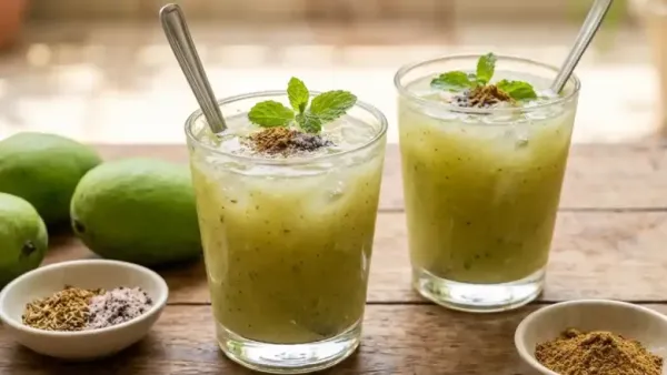 Two glasses of chilled Aam Panna (tangy green mango drink) garnished with mint sprigs and a sprinkle of roasted spices.