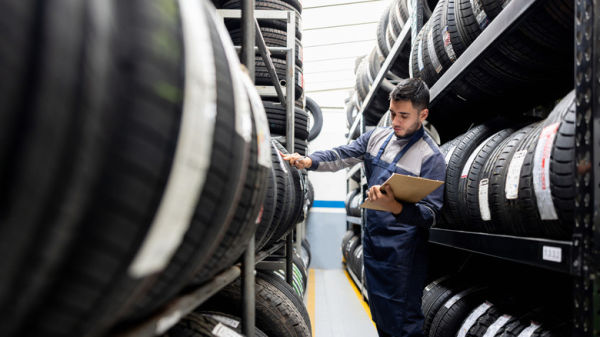 Shop worker checking tire inventory at a shop