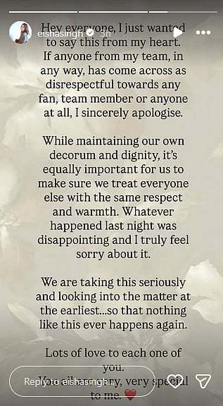 Eisha Singh apologises to her fans