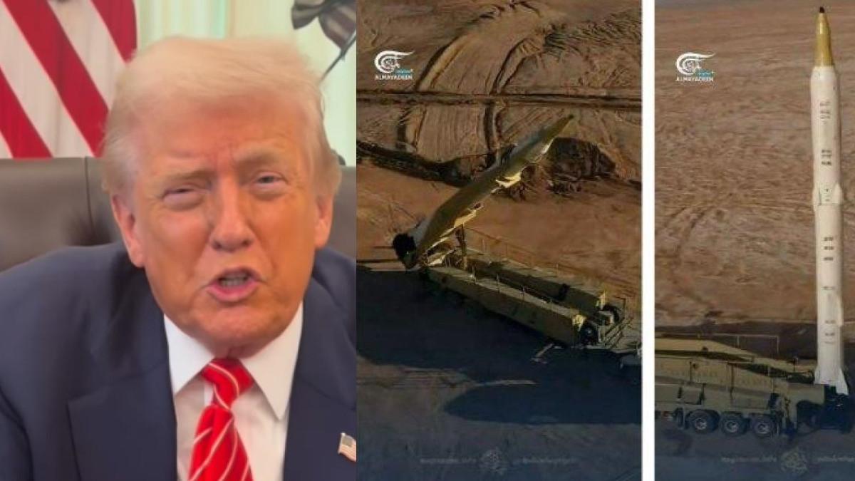 PERAN IRAN - Kolase potret Donald Trump dan rudal milik Iran. Iran disebut sasar California untuk serangan balasan