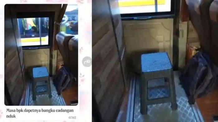  PEMUDIK DUDUK DI KURSI - Seorang pemudik tujuan Banyumas duduk di kursi plastik di bagian belakang bus setelah menerima tiket nomor 39 yang ternyata berada di luar kapasitas kursi utama bus saat berangkat dari Tangerang. (Tribunnews Bogor/X(Twitter))