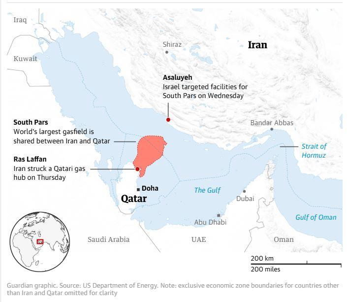 FASILITAS MINYAK TIMTENG - Tangkap layar The Guardian menampilkan lokasi fasilitas gas dan minyak Iran-Qatar. Serangan Israel dan Iran terhadap fasilitas energi memicu eskalasi konflik menjadi perang ekonomi yang berdampak global.