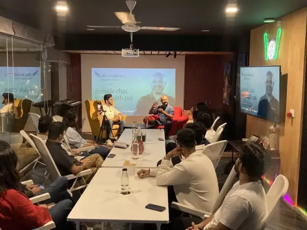 Sajith Pai, partner at Blume Ventures, in a fireside chat with residents of the hacker house Sajith Pai, partner at Blume Ventures, in a fireside chat with residents of the hacker house