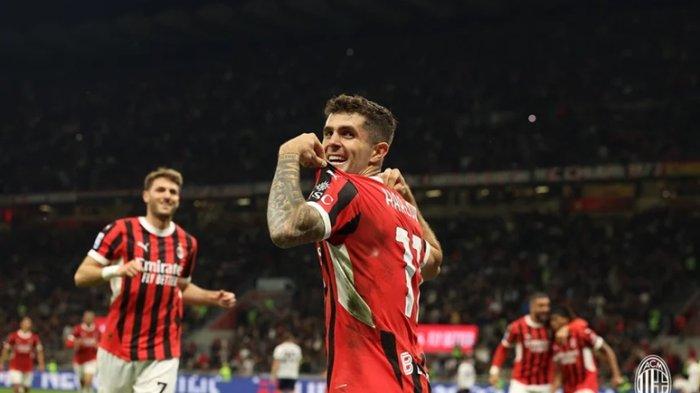 SELEBRASI PULISC - Seberasi winger AC Milan, Christian Pulisic saat melawan Bologna pada pekan ke-36 Liga Italia di San Siro, Sabtu (10/5/2025) dini hari WIB. AC Milan berhasil menang dengan skor 3-1.