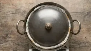 Cooking the Zarda pulao on low heat for 8–10 minutes until the sugar syrup is well absorbed.