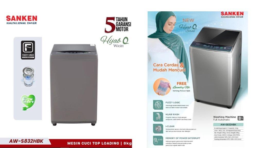 Sanken Mesin Cuci 1 Tabung AW-S832HBK Top Loading 8Kg Hijab Series