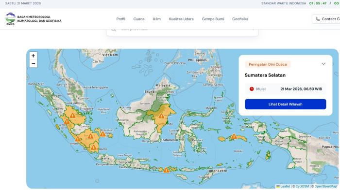 Beberapa wilayah sekitar Provinsi Jambi sedang cuaca buruk pada Sabtu (20/3/2026). Badan Metereologi Klimatologi dan Geofisika (BMKG) merilis peringatan dini cuaca untuk Sumatera Selatan, Riau, dan Sumatera Barat, Bengkulu.