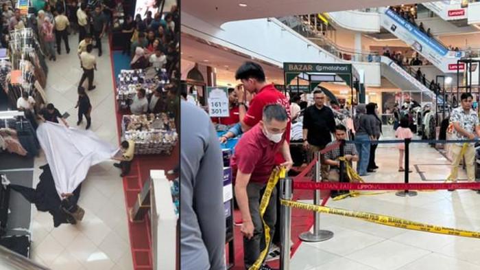 CIRI-CIRI WANITA TEWAS: Kondisi TKP wanita tewas setelah terjatuh di pusat perbelanjaan Plaza Medan Fair sudah dipasang garis polisi, Minggu (22/3/2026).