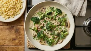 Creamy broccoli mushroom gravy garnished with fresh coriander and served hot with macaroni or noodles.