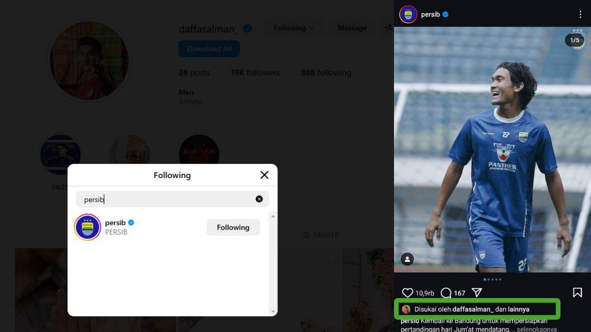 Daffa Salman kepergok mengikuti akun Instagram Persib Bandung dan menyukai unggahan Pangeran Biru.