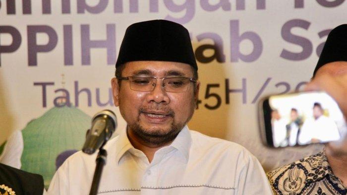 Yaqut Cholil Qoumas saat menghadiri acara penutupan Bimbingan Teknis PPIH Arab Saudi Terintegrasi 1445H/2024M di Asrama Haji Pondok Gede, Jakarta, Rabu, (27/3/2024).