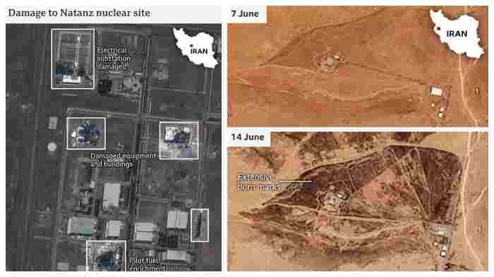 NATANZ DAN KERAMANASHAH. – Kolase Tribunnews.com, Senin (16/6/2025). Citra satelit Maxar, 14 Juni 2025 (kiri), Fasilitas nuklir Natanz di Iran tampak mengalami kerusakan berat, termasuk gardu listrik dan bangunan pengayaan bahan bakar yang hancur akibat serangan udara. – Citra satelit Planet Labs, 7 dan 14 Juni 2025. (kanan), Perbandingan sebelum dan sesudah serangan menunjukkan bekas luka bakar luas di pangkalan rudal Kermanshah, Iran, yang menjadi target serangan militer.