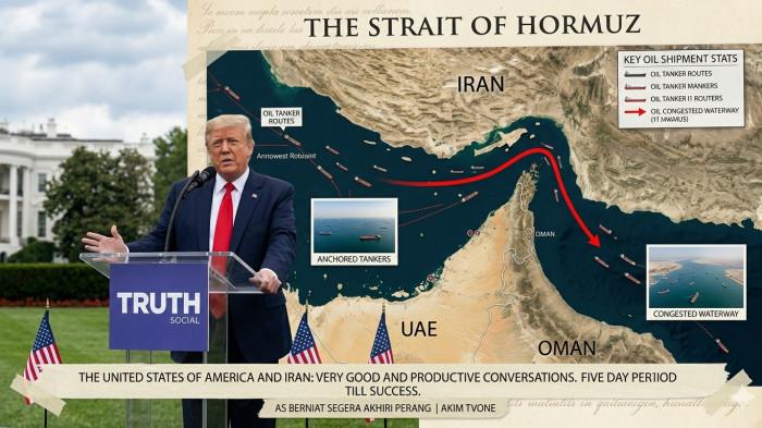 TRUMP TUNDA SERANGAN - Foto ilustrasi diolah dengan menggunakan AI: Harapan dunia untuk menghindari 'Kiamat Energi' akhirnya menemui titik terang. Presiden Amerika Serikat  (AS), Donald Trump, secara mengejutkan mengumumkan, Senin (23/3/2026) melakukan penundaan serangan militer terhadap infrastruktur energi Iran selama lima hari ke depan.