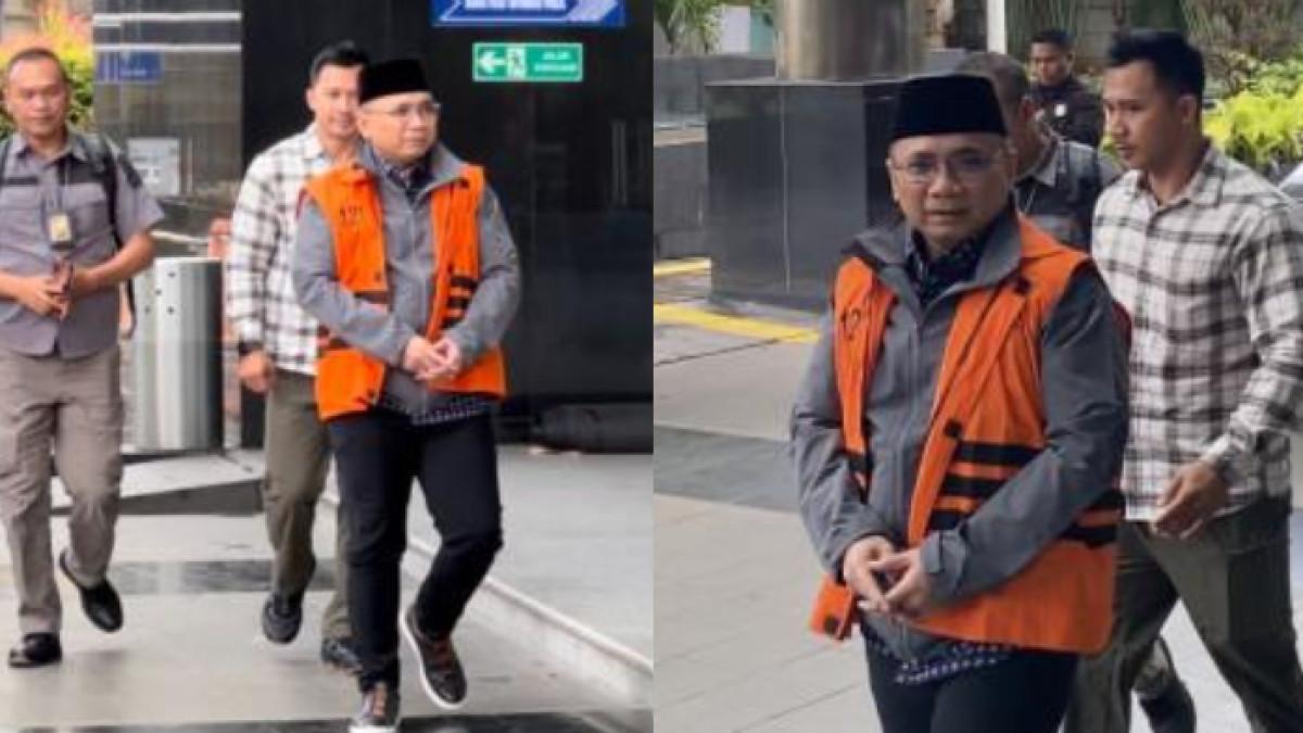 KEMBALI KE RUTAN - Mantan Menteri Agama Yaqut Cholil Qoumas (Gus Yaqut) tiba di Gedung Merah Putih KPK, Jakarta, Selasa (24/3/2026) pukul 10.30 WIB. Mengenakan rompi oranye tahanan nomor 12, peci hitam, dan jaket abu-abu, Gus Yaqut terlihat berjalan dengan tangan diborgol besi saat dikawal petugas menuju ruang tahanan