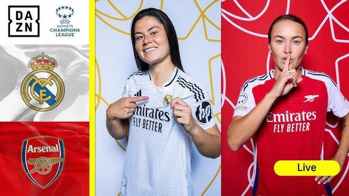 Poster pertandingan Real Madrid vs Arsenal UEFA Women Champions League 2025 di YouTube DAZN, diunggah Selasa 18 Maret 2025.