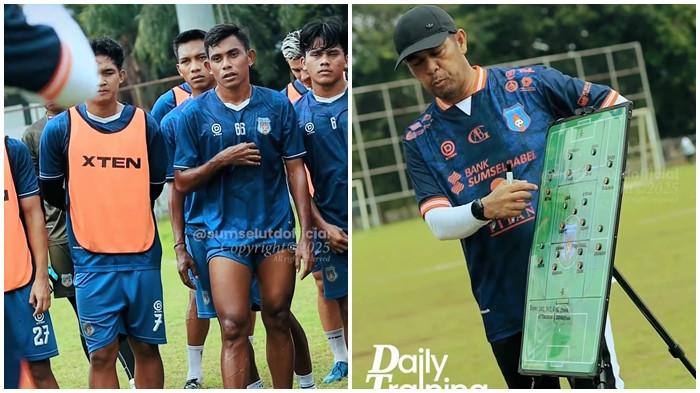 NIL PAPARKAN STRATEGI - Pelatih Kepala Sumsel United, Nil Maizar, memaparkan strategi kepada para pemain dalam sesi latihan di Lapangan Baseball Jakabaring Sport City. Ia mengungkapkan bahwa 22 pemain yang dibawa pada pertandingan tandang menghadapi Adhyaksa FC Banten nanti.