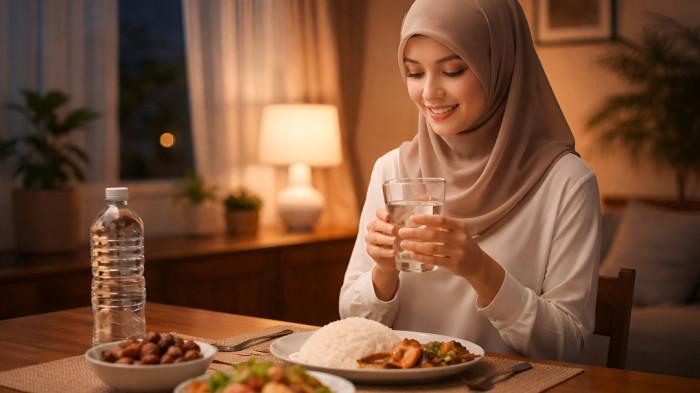 PUASA SYAWAL- Ilustrasi seorang muslimah sedang melaksanakan sahur untuk puasa Syawal.