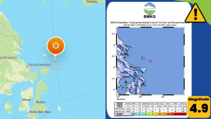 GEMPA KONKEP - Foto tangkapan layar pemutakhiran BMKG dan Stasiun Geofisika Kendari terkait gempa bumi di Kabupaten Konawe Kepulauan (Konkep), Sulawesi Tenggara (Sultra), berkekuatan 4,9 skala richter (SR), pada Kamis, 26 Maret 2026. Gempa bumi yang terjadi sekitar pukul 11:39:49 WIB atau 12:39:49 Wita tersebut terasa sampai Kota Kendari, ibu kota Provinsi Sultra, hingga Kabupaten Konawe Selatan (Konsel).(BMKG/Stasiun Geofisika Kendari)