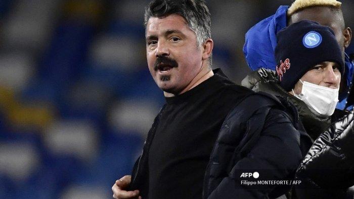 Pelatih Napoli Italia Gennaro Gattuso bereaksi pada akhir pertandingan sepak bola Serie A Italia Napoli vs Juventus pada 13 Februari 2021 di stadion Diego Maradona (San Paolo) di Napoli.Filippo MONTEFORTE / AFP