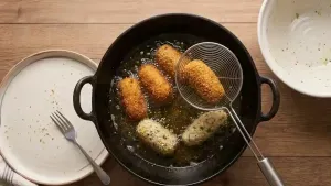 Heat oil in a pan and fry the croquettes on medium flame until they turn golden brown and crisp.