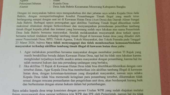 SUIRAT PENGUNDURAN DIRI – Asari mengundurkan diri dari jabatannya sebagai Kepala Desa (Kades) Jada Bahrin, Kecamatan Merawang, Kabupaten Bangka. Tampak surat pengunduran diri yang telah ditandatangani di atas meterai beredar di platform sosial media.