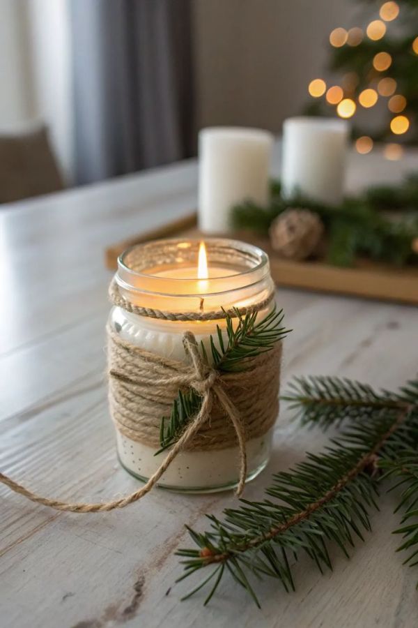 This may contain: a mason jar with twine wrapped around it on a table next to christmas decorations