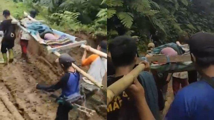 Warga Desa Kopeang, Kecamatan Tapalang, Kabupaten Mamuju, Sulawesi Barat, sedang menandu pasien menuju Puskesmas Tapalang, pada Jumat (20/12/2024). Perjalanan darurat ini memakan waktu 12 hingga 14 jam, lantaran harus menempuh jarak 21 kilometer.