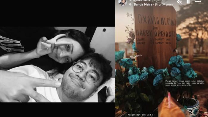 BAWA KUE ULTAH - Kolase Enzy Storia, mendiang Vidi Aldiano dan potret pusara sang penyanyi dicapture Minggu (29/3/2026).