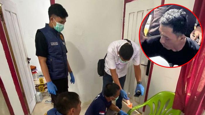 Polisi melakukan olah TKP di rumah kontrakan Maria Simaremare (38) yang ditemukan tewas dalam kondisi luka parah di bagian leher, Rabu (25/3/2026).(foto insert) Suharlan (34) pelaku pembunuhan saat menyerahkan diri ke polisi pada Sabtu (28/3/2026).