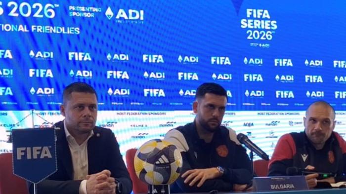 KONFERENSI PERS - Pelatih Bulgaria Aleksandar Dimitrov dan pemain Bulgaria, Dimitar Mitov, dalam konferensi pers di Stadion Utama Gelora Bung Karno (SUGBK), Senayan, Jakarta, Kamis (26/3/2026).