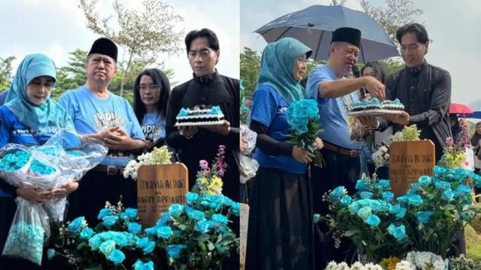 POTONG KUE - Kolase momen Harry Kiss potong kue ultah di atas Pusara Vidi Aldiano, Minggu (29/3/2026).