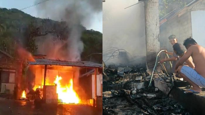 KEBAKARAN BENGKEL -- Kolase tangkapan layar kebakaran bengkel di Desa Pelita Jaya, Bone Bolango. Kebakaran bengkel onderdil sepeda motor memicu perhatian warga.