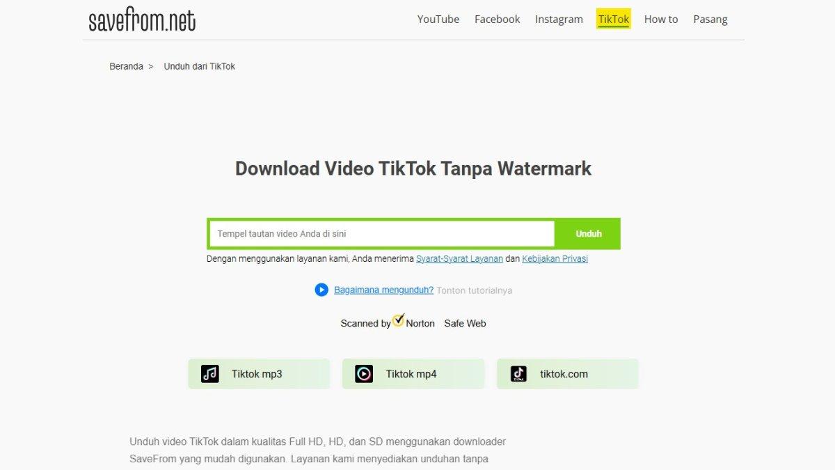 Praktis! Savefrom memudahkan kamu mengunduh sound TikTok hanya lewat browser. Tapi perlu diketahui, kamu harus klik tulisan TikTok saat masuk ke website ini.