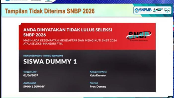 TAMPILAN TIDAK LOLOS SNBP 2026 - Tangkapan layar Konferensi Pers di YouTube SNPMB ID pada Selasa (31/3/2026). (Konferensi Pers di YouTube SNPMB ID)