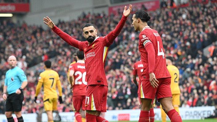 SELEBRASI MO SALAH - Penyerang Liverpool, Mohamed Salah melalukan selebrasi saat menjebol gawang Wolves di Liga Inggris 2024/2025 di Anfield pada Minggu (16/2/2025) malam WIB. (Laman resmi Liverpool)
