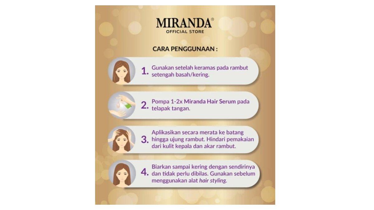 Ilustrasi cara pakai Miranda Hair Serum Kukui Nut Oil untuk perawatan rambut rontok