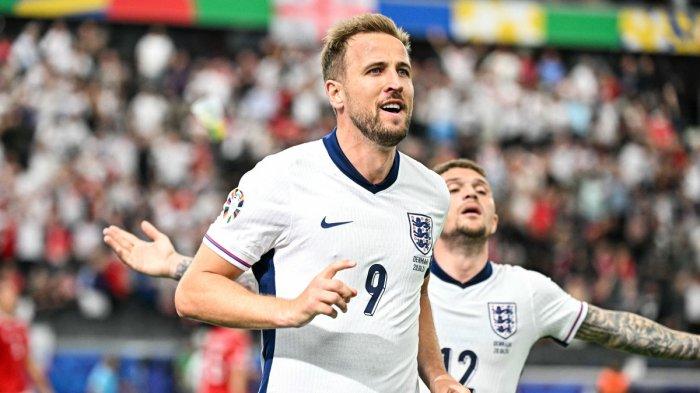 Penyerang Inggris #09 Harry Kane merayakan mencetak gol pertama timnya selama pertandingan sepak bola Grup C UEFA Euro 2024 antara Denmark dan Inggris di Frankfurt Arena di Frankfurt am Main pada 20 Juni 2024.