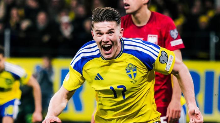 CETAK GOL - Ekspresi gembira pemain timnas Swedia, Viktor Gyokeres saat cetak gol ke gawang Polandia pada play-off Piala Dunia 2026 pada Rabu (1/4/2026) dini hari WIB.