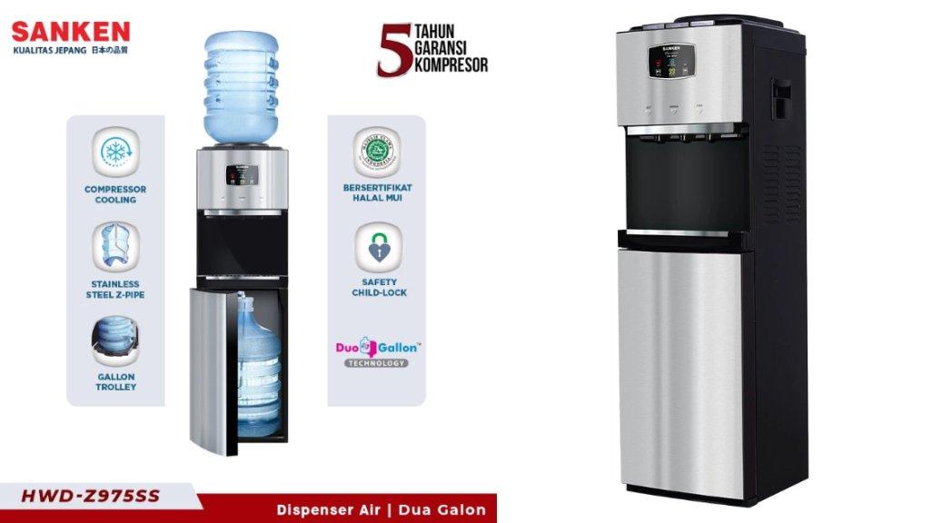Sanken HWD-Z975S-BK Water Dispenser Duo Galon Bawah Atas Silver Kompresor