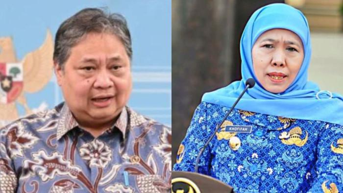 ATURAN WFH - Airlangga Hartanto (kiri) Gubernur Jawa Timur Khofifah Indarparawansa untuk foto ilustrasi Work Frok Home (WFH). Pemerintah pusat menetapkan WFH satu hari dalam seminggu setiap hari Jumat. Sementara Pemprov Jatim punya pertimbangan WFH hari Rabu.