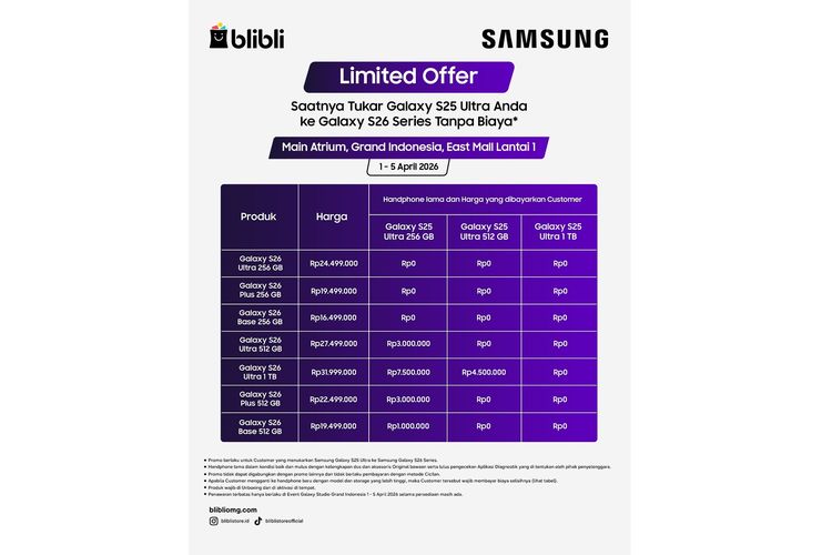 Pengguna Samsung Galaxy S25 Ultra kini bisa melakukan upgrade ke Galaxy S26 Series tanpa biaya tambahan melalui program tukar tambah yang digelar Samsung bersama Blibli.